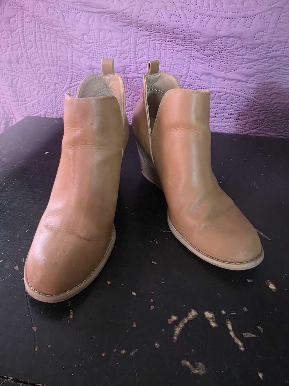 Report Cognac Leather Ankle Booties with Stacked Heel